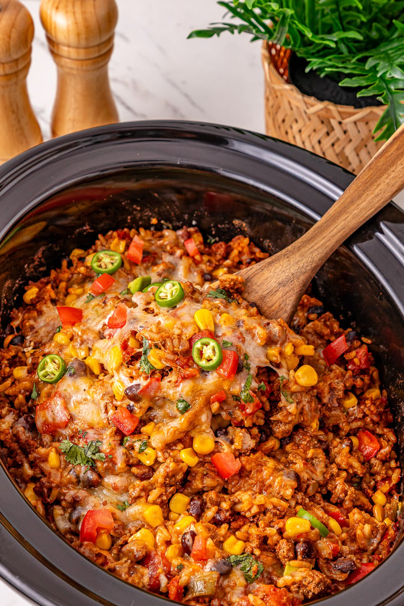 Crockpot Mexican beef & rice casserole in slow cooker.