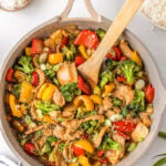Finsihed dish of chicken stir fry.