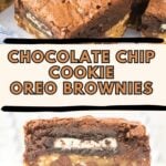 Photo collage with chocolate chip cookie Oreo borwnies on a plate.