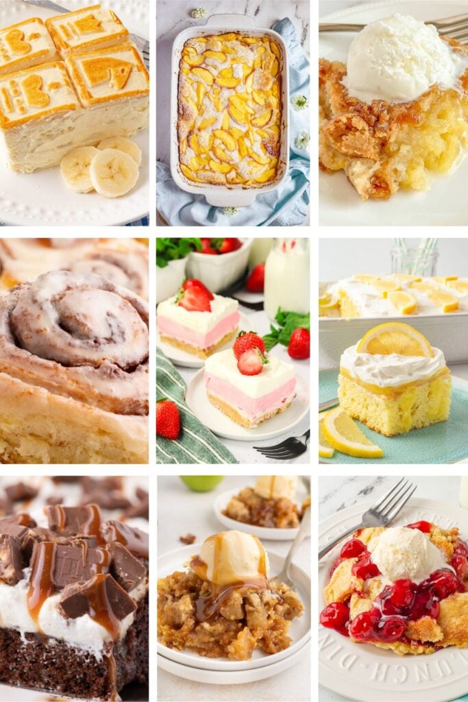 Photo collage with 9x13 inch dessert recipes.