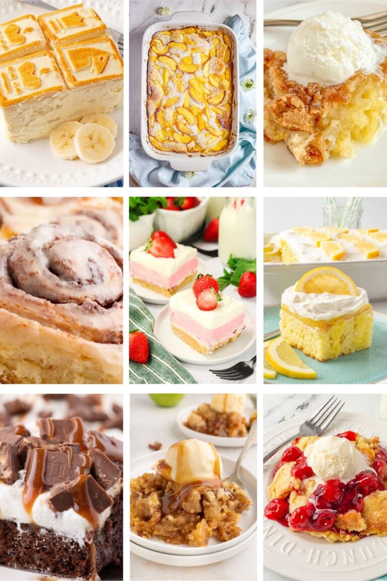 Photo collage with 9x13 inch dessert recipes.
