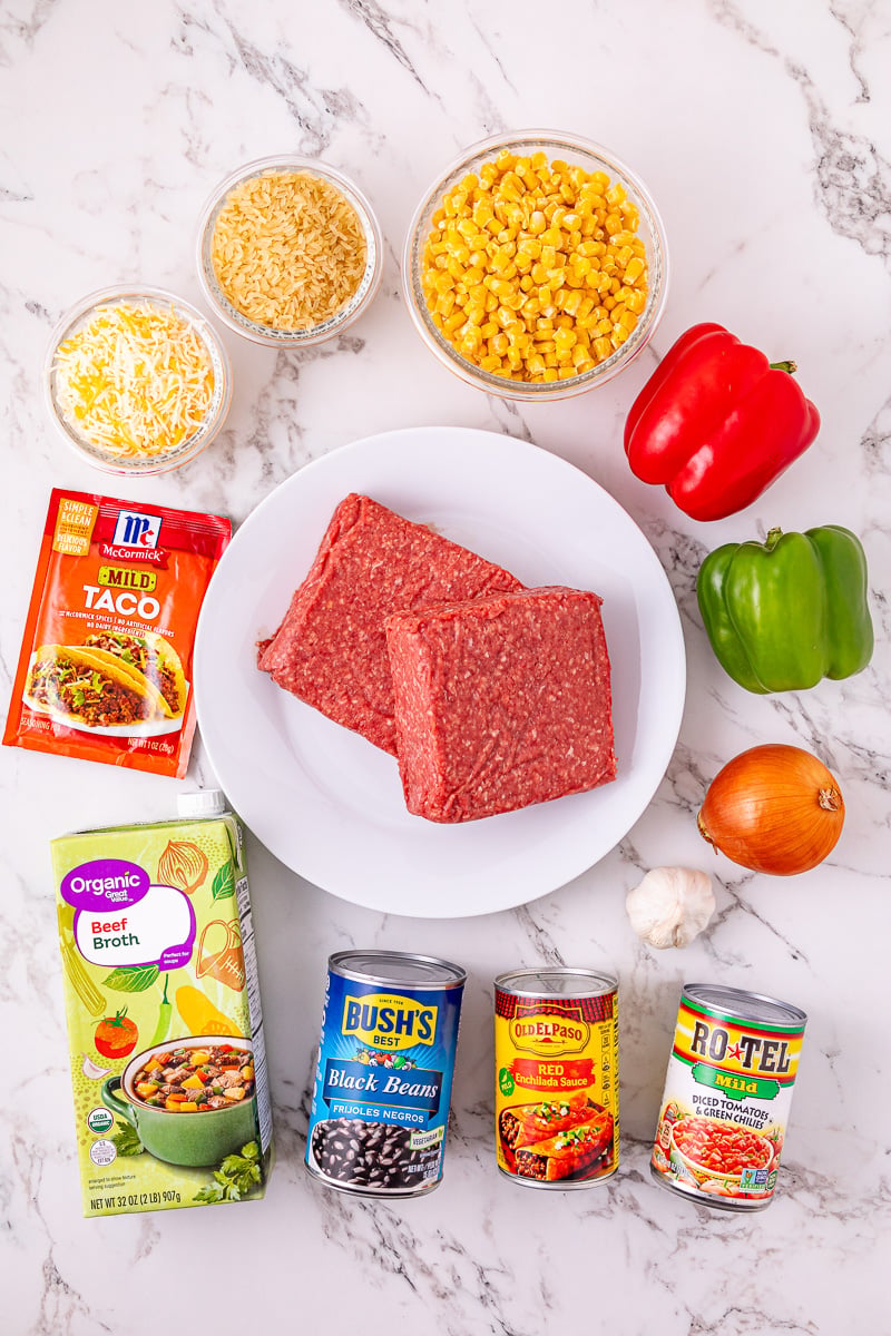 Ingredients for Mexicna casserole laid out on counter in preparation for the recipe.