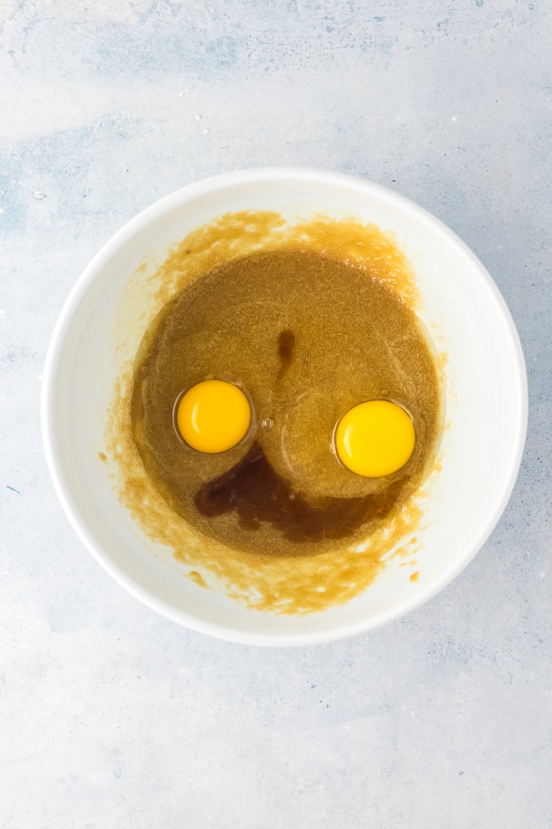 Eggs and vanilla are added to the mixture.