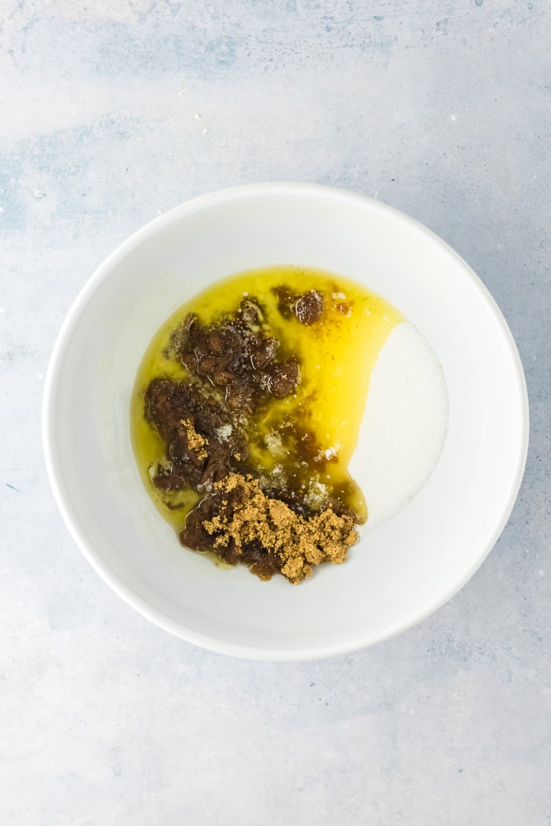 Melted butter and sugar added to mixing bowl.