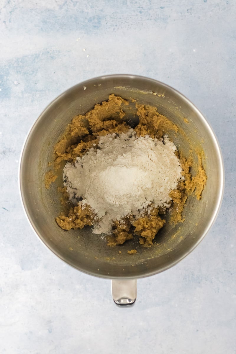 Dry mixture is added to the web mixture in mixing bowl.