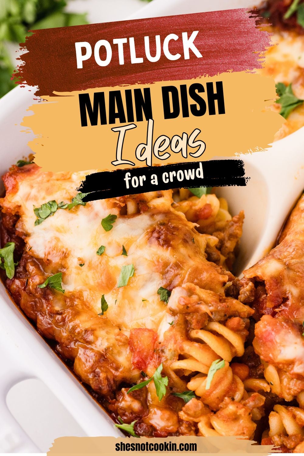 Bolognese pasta bake in baking dish ready to be served.