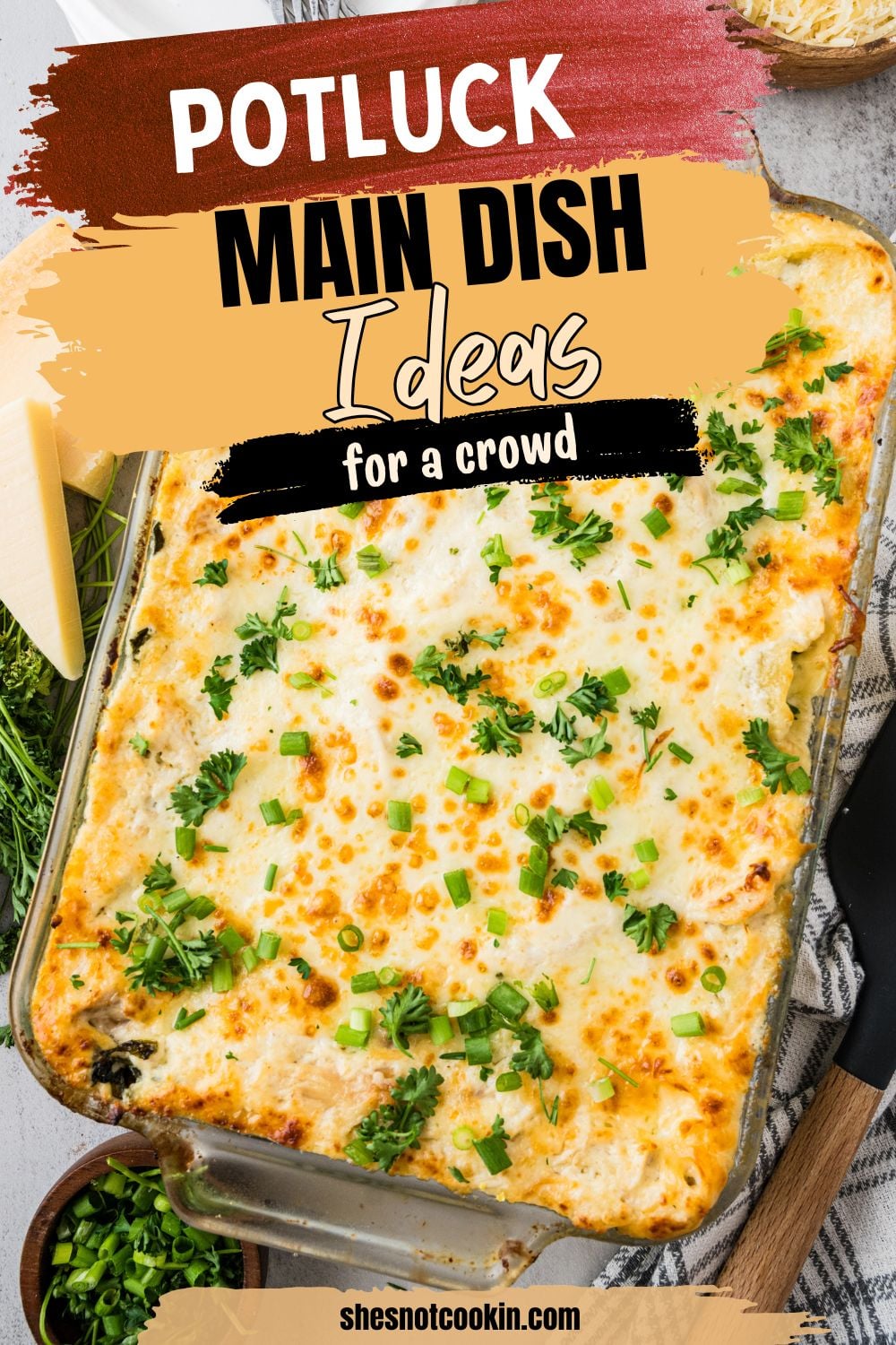 Chicken alfredo lasagna in baking dish ready to be served.