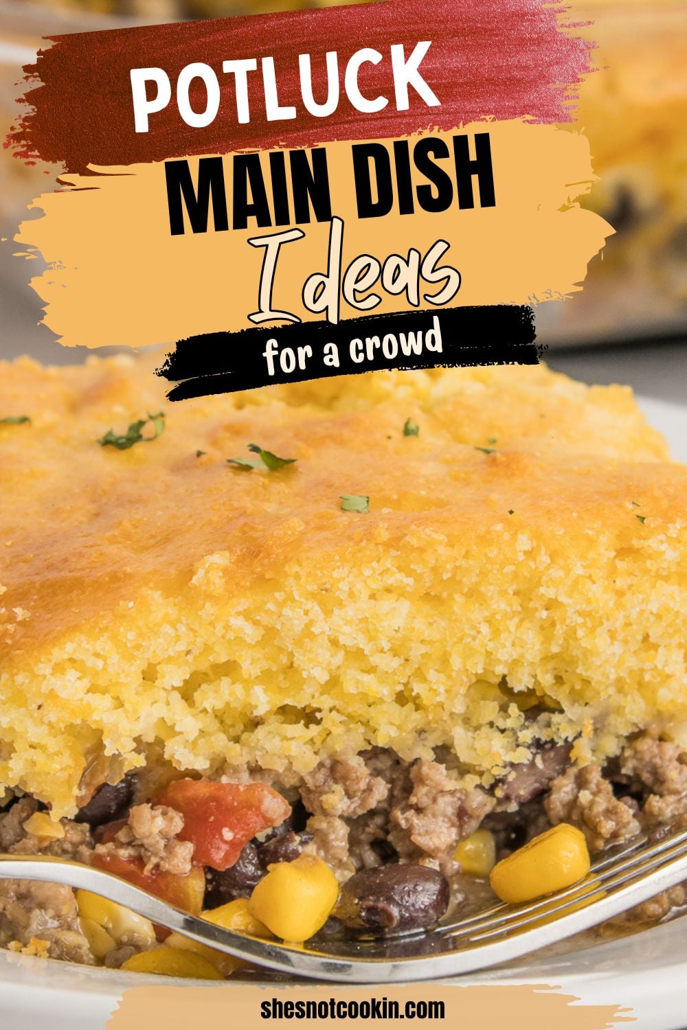 Cowboy cornbread casserole served on a white plate.
