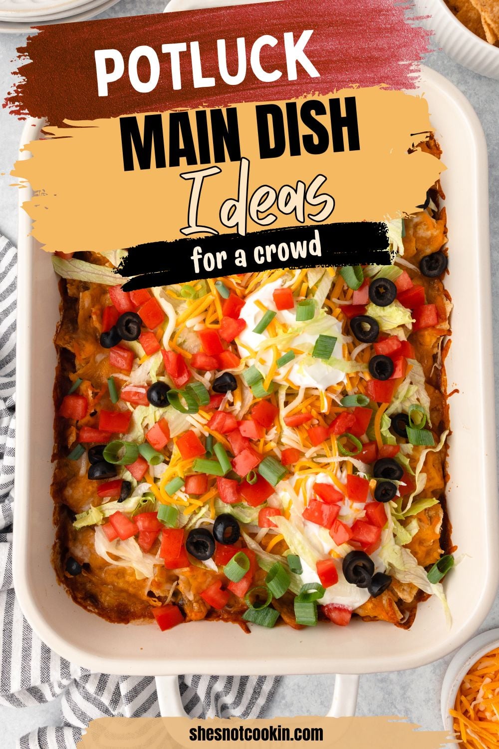 Taco tater tot casserole in baking dish ready to be served.
