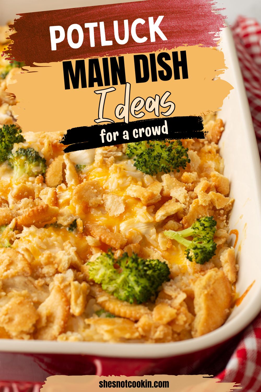 Chicken broccoli rice casserole in baking dish.