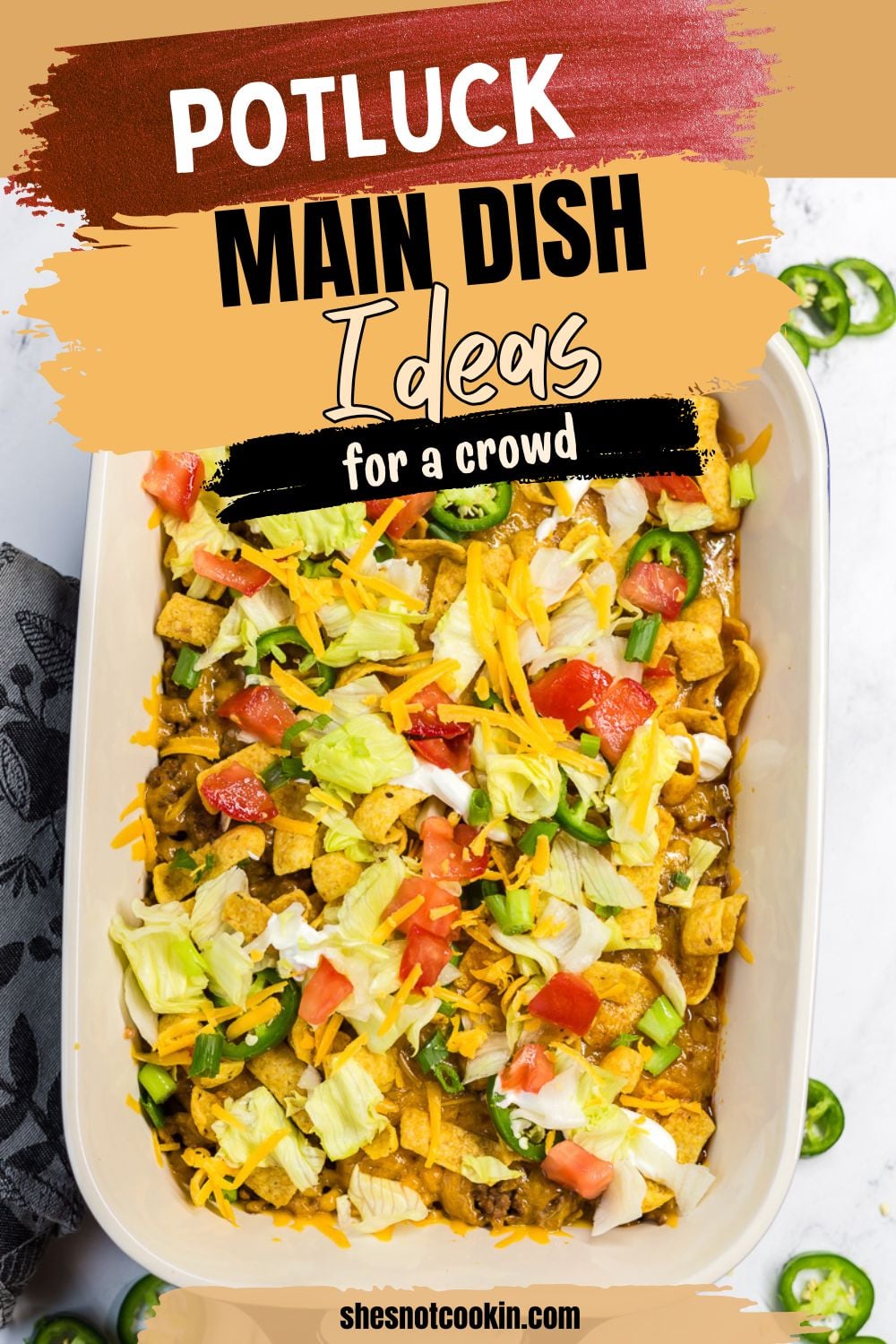 Walking taco casserole overhead view in baking dish.