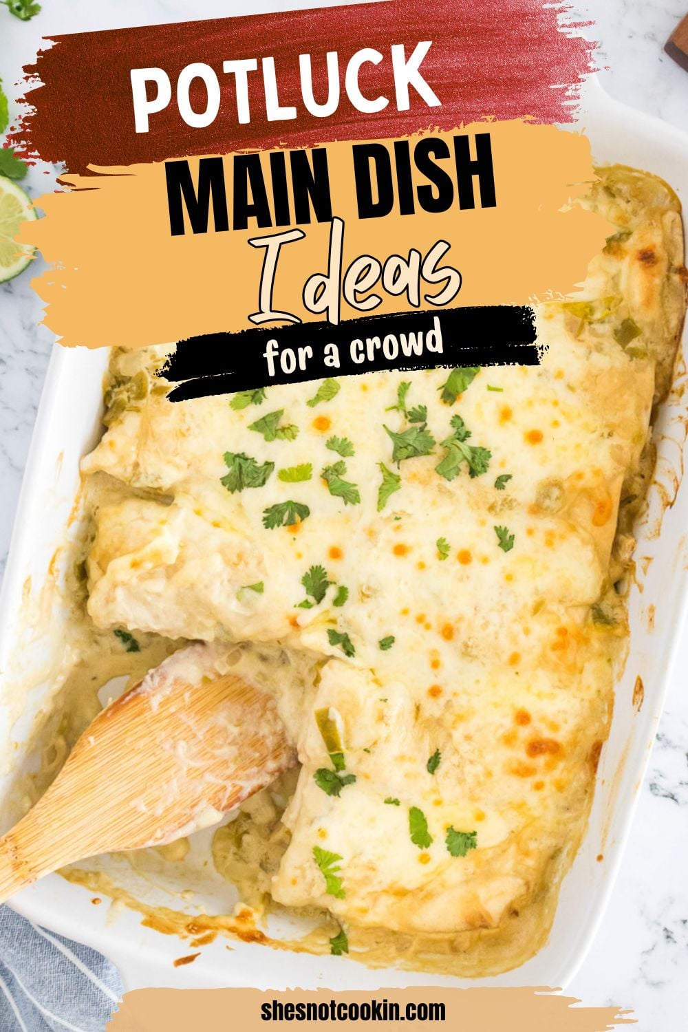 White chicken enchiladas in baking dish with one serving removed.