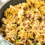 Side view of beef noodle hamburger helper copycat in skillet.