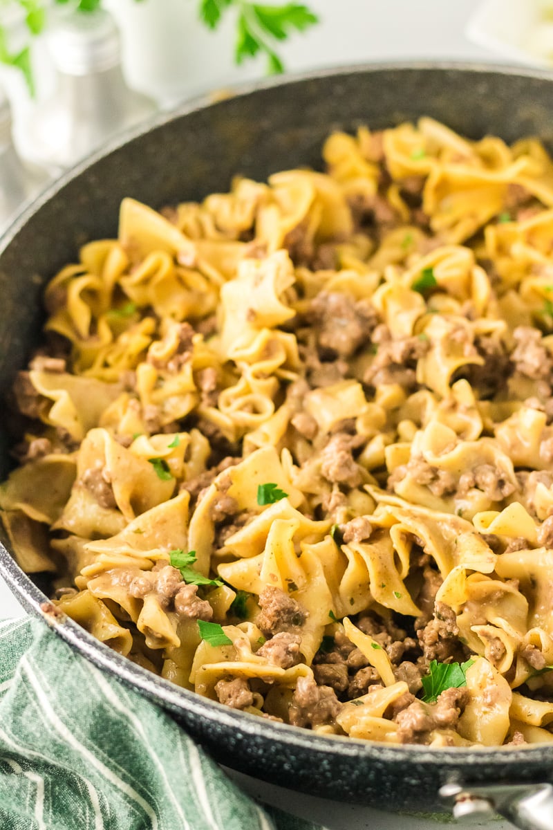 Side view of beef noodle hamburger helper copycat in skillet.