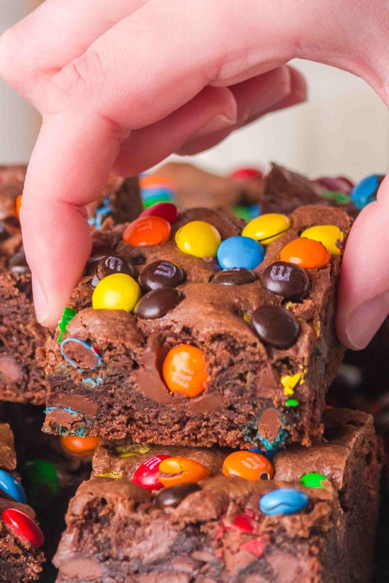 Close up view of M&M cake mix brownies.