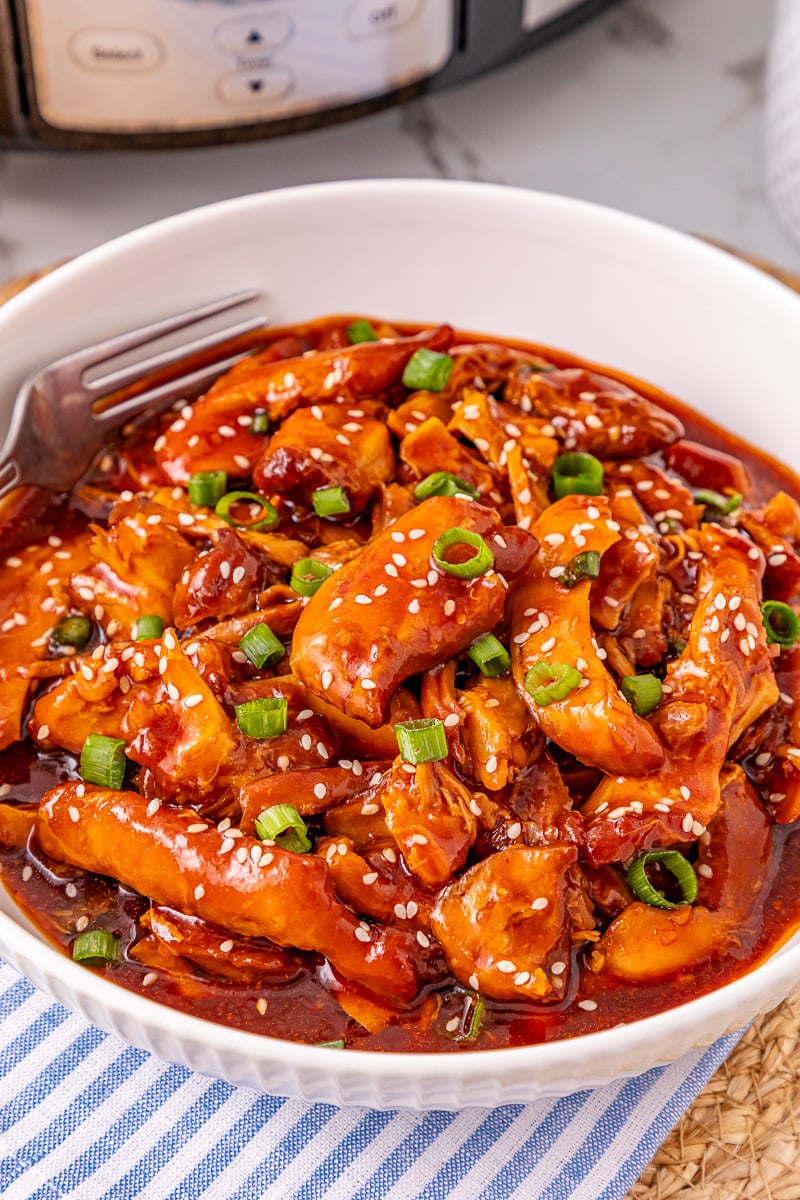 Honey garlic chicken served in a bowl.
