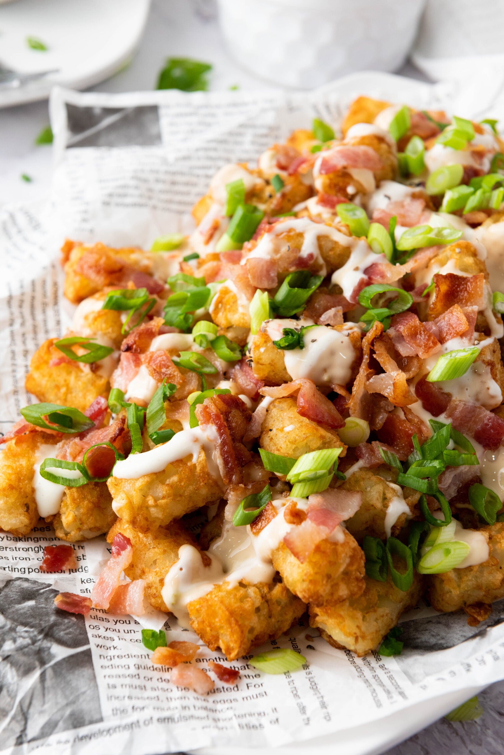 Loaded tater tots on a plate.