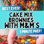 Photo collage with cake mix brownies with M&M's stacked on a blue plate.