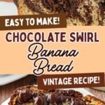 Chocolate swirl banana bread cut and served on a plate.
