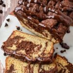 Chocolate swirl banana bread cut and sliced on a palte.