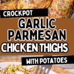 Photo collage with creamy garlic parmesan chicken in crockpot and served on a plate.