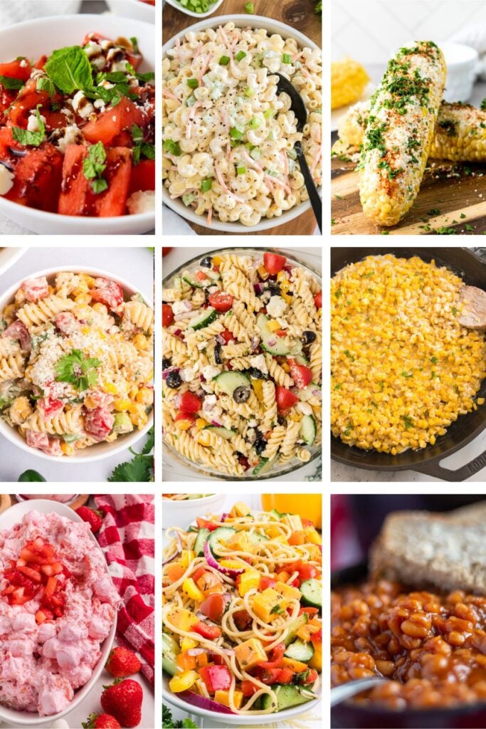Photo collage with side dish recipes for the 4th of July.