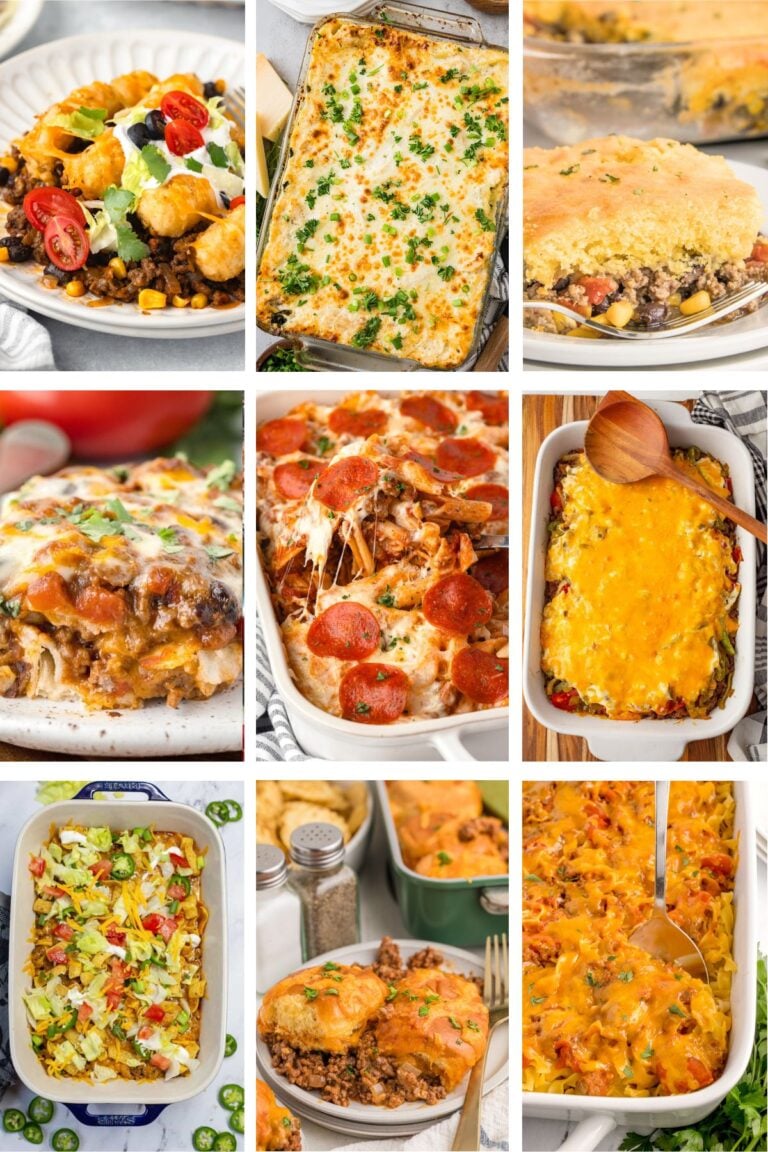 Photo collage with main dish recipes for a potluck.
