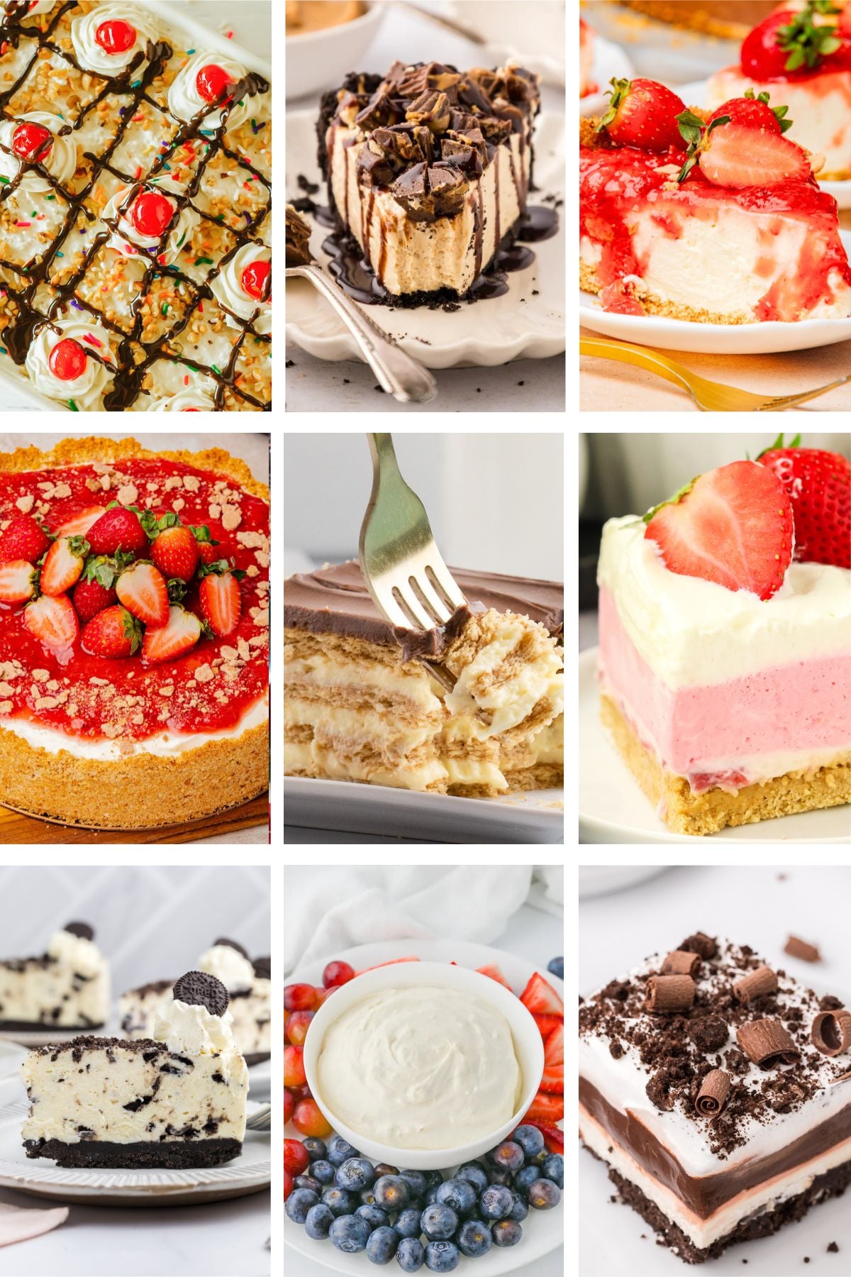 Photo collage with no bake dessert recipes.