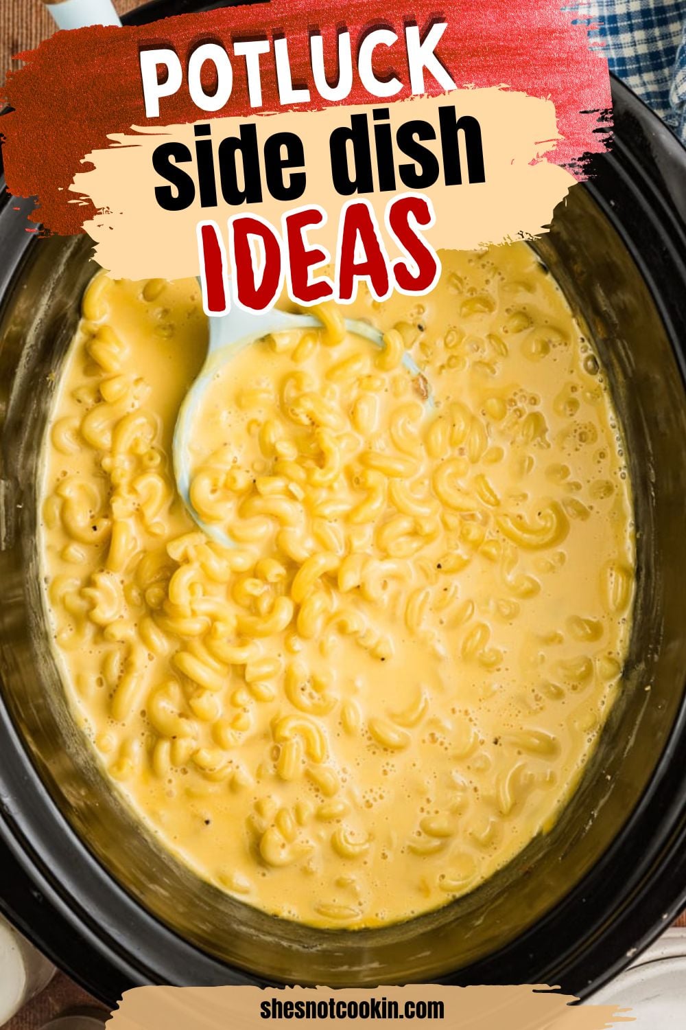 Crockpot mac and cheese in slow cooker ready to be served.