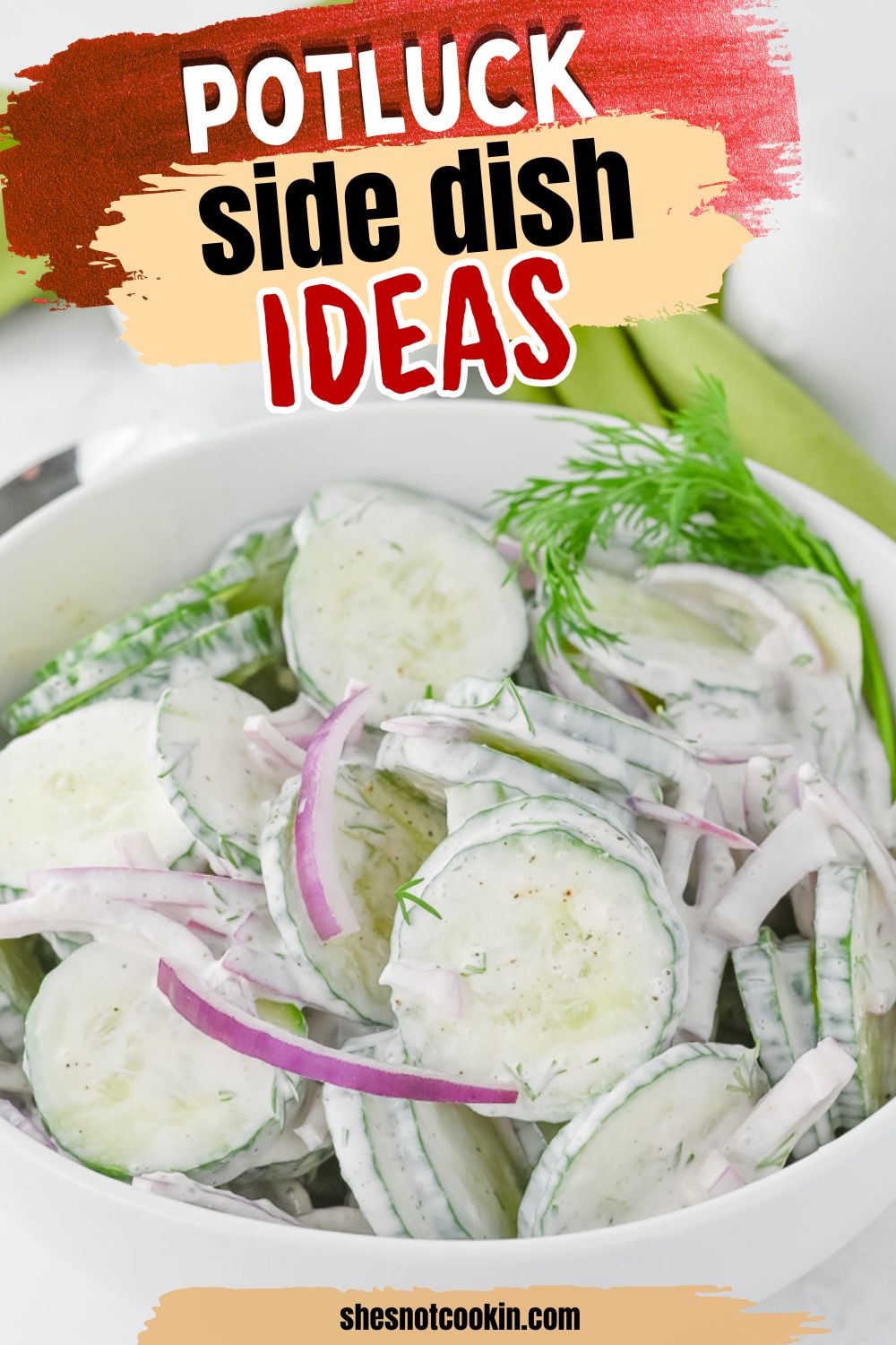 Cucumber salad in a white bowl.
