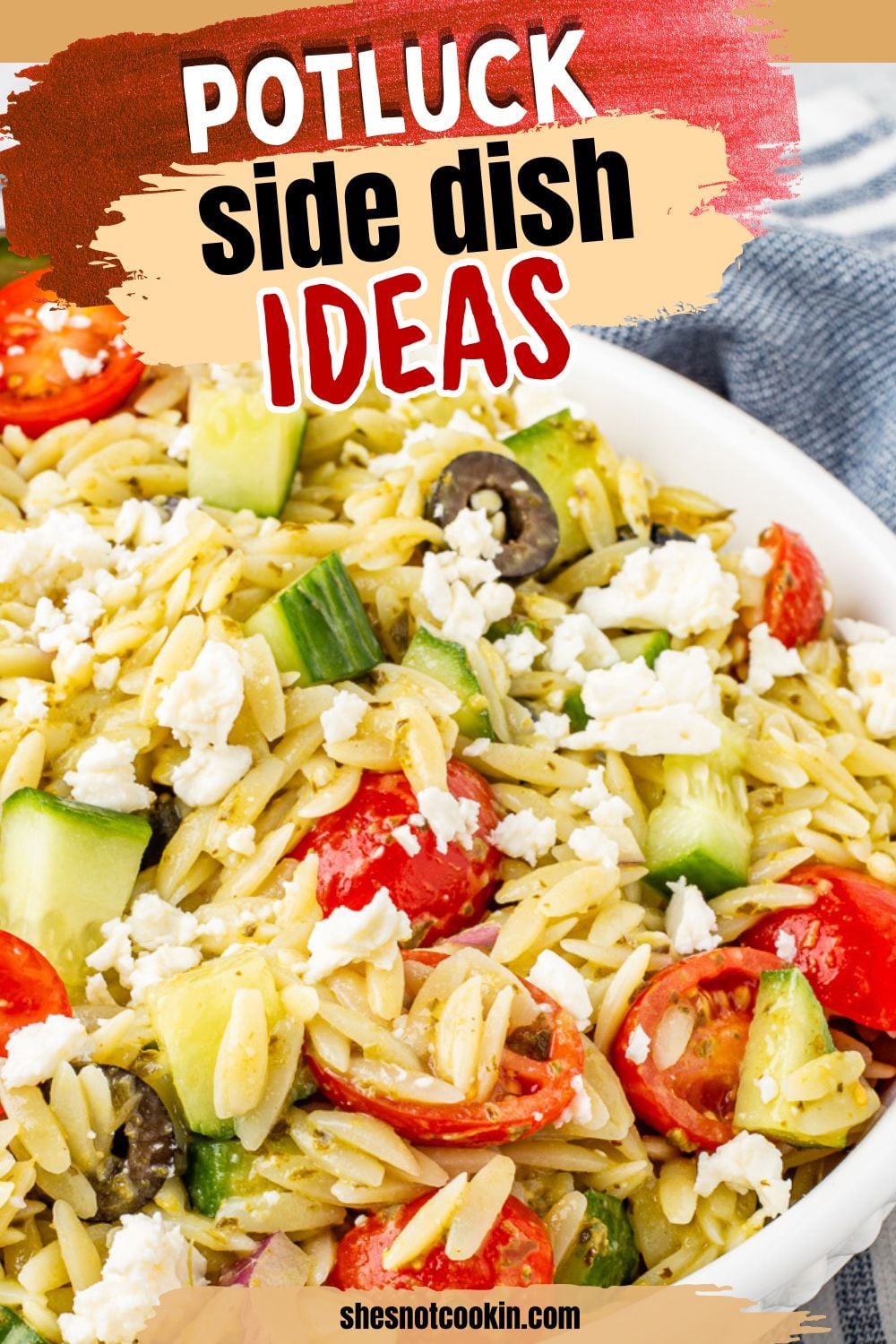 Orzo pesto salad served in a white bowl for a block party potluck.