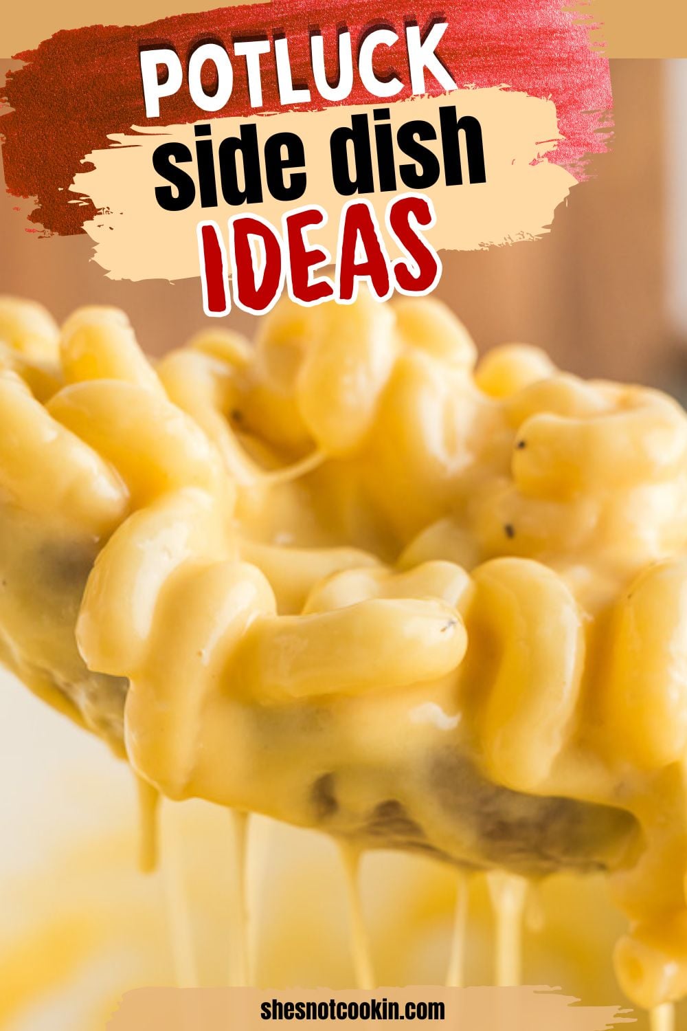 Stovetop mac and cheese scooped up and held over dish.