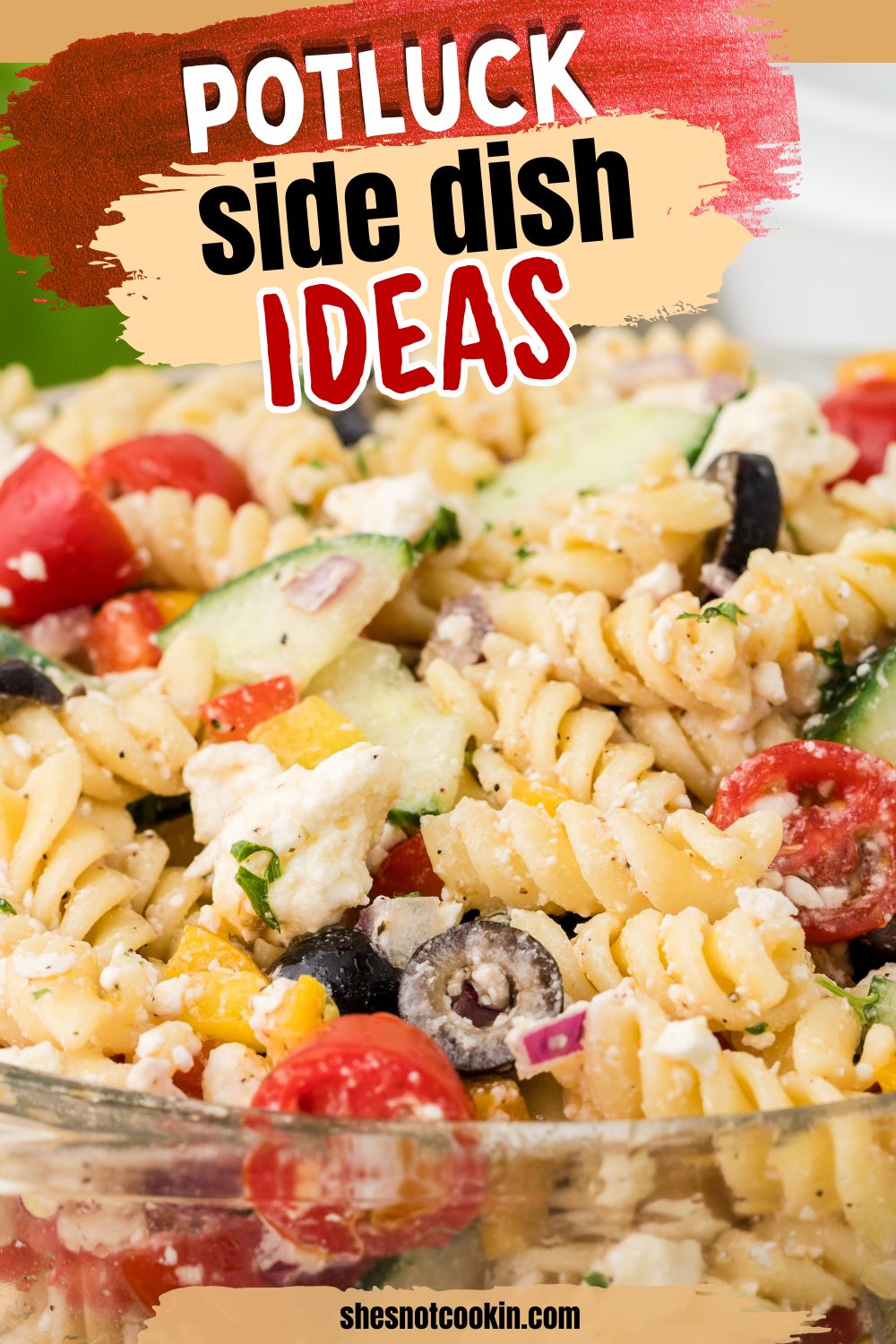 Greek pasta salad on a plate.