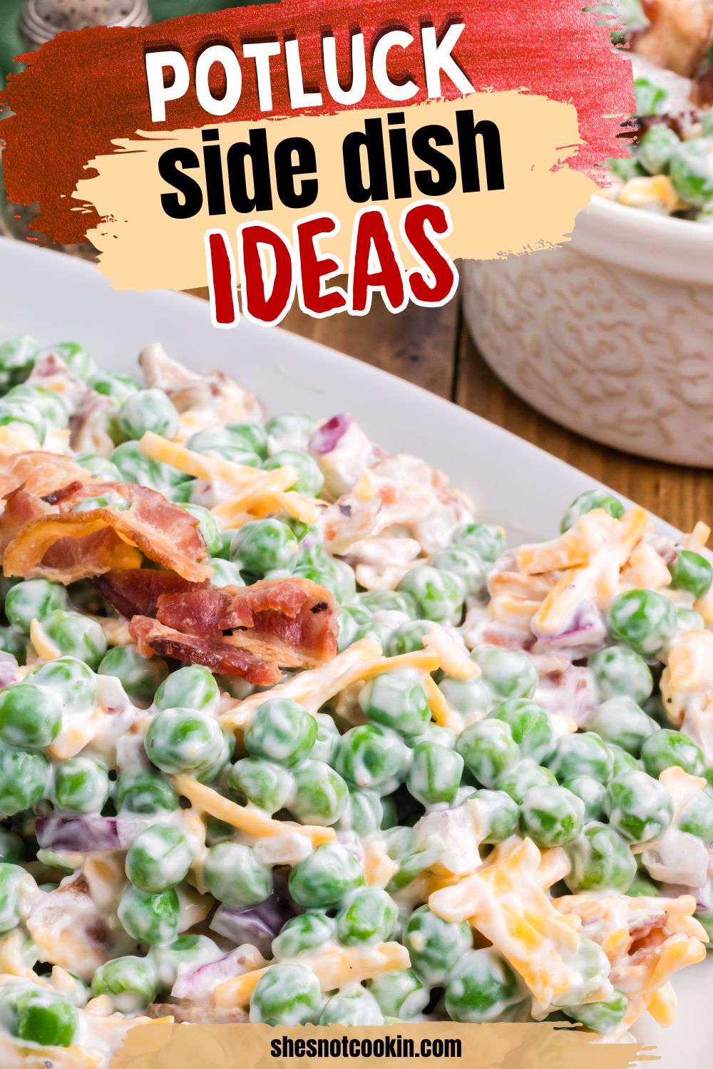 Pea salad with bacon on a white plate.