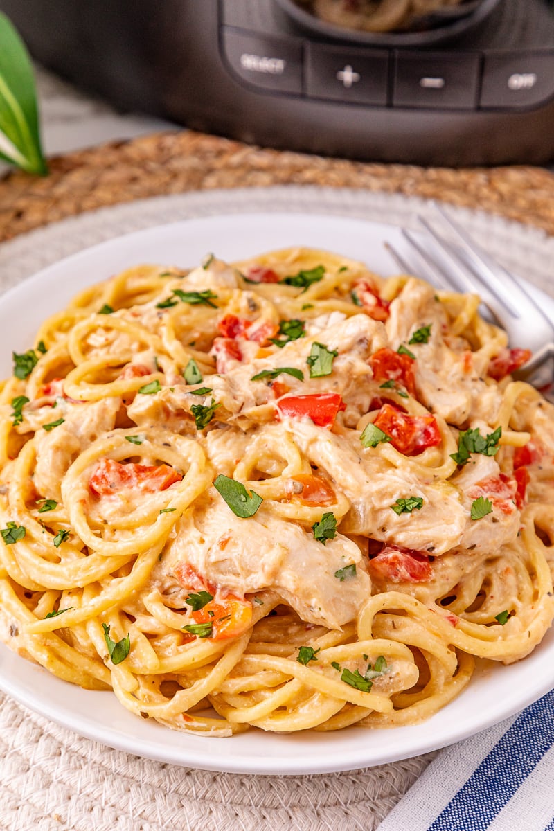 Plated slow cooker chicken spaghetti for a family dinner.