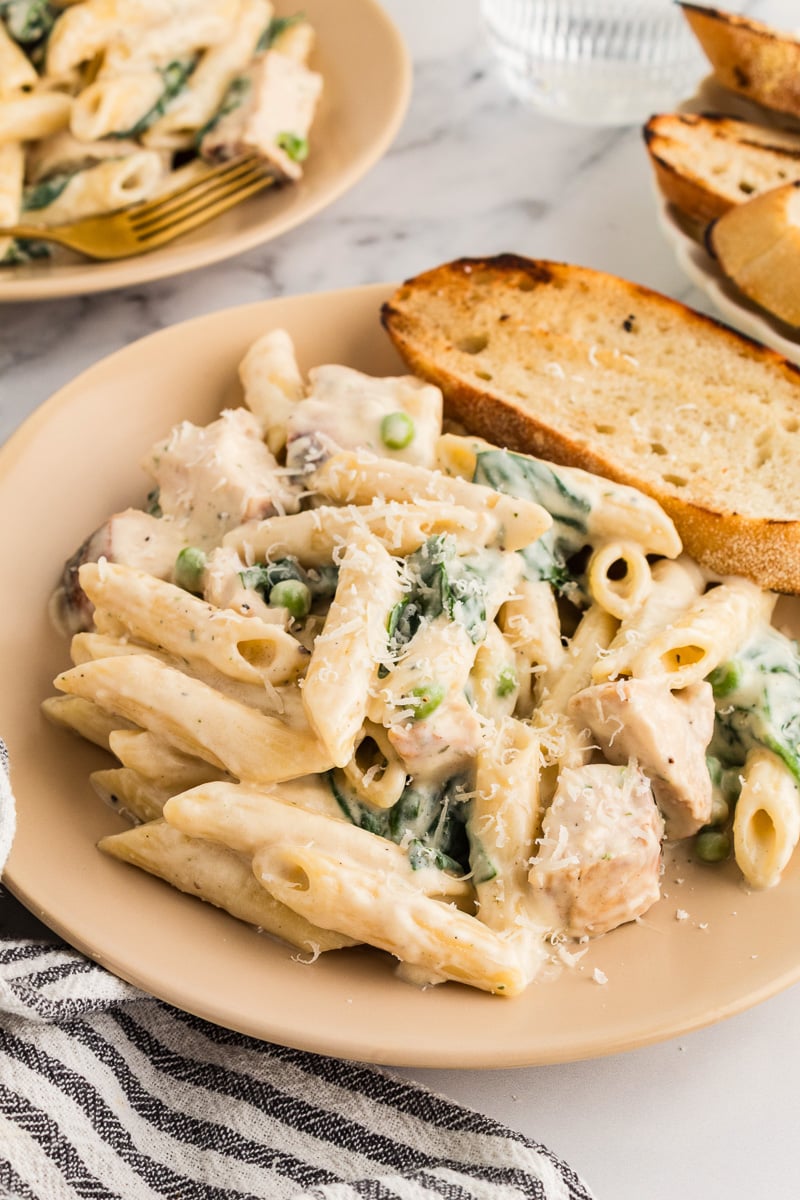 Creamy Boursin pasta with chicken on a plate with bread on the side.