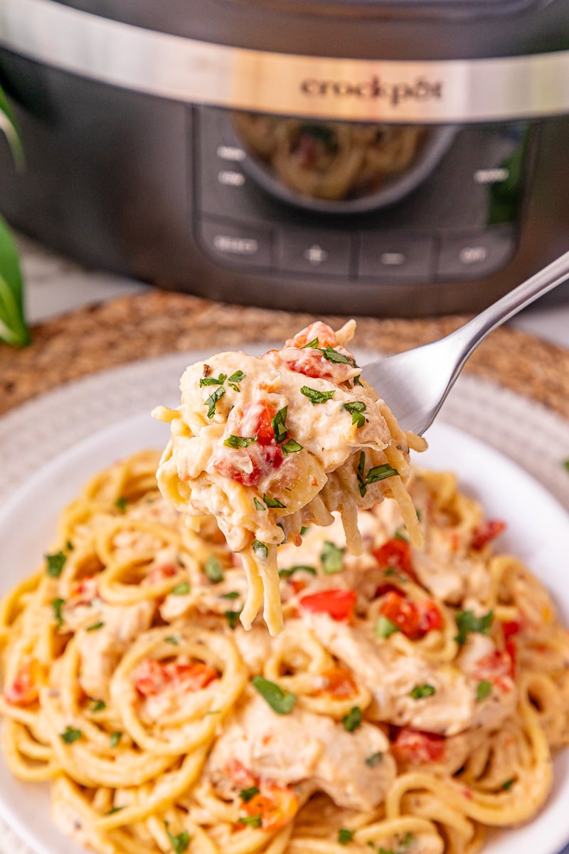 Slow cooker chicken spaghetti scooped up on a fork ready for a bite.