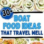 Photo collage with appetizers, snacks and lunch ideas for a boat party.