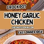Crockpot honey garlic chicken photo collage with text overlay.