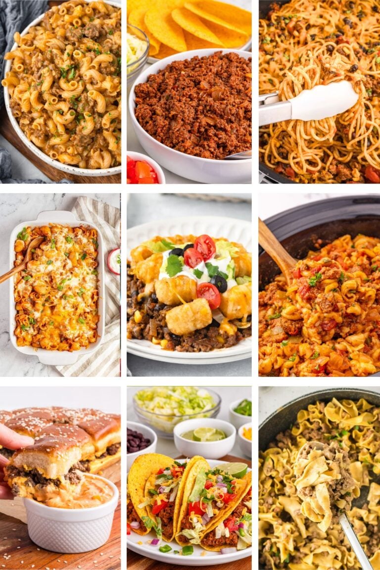 Ground beef recipes photo collage with text overlay.