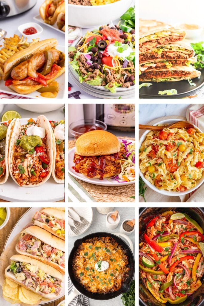 Photo collage of lazy summer dinner ideas for families.