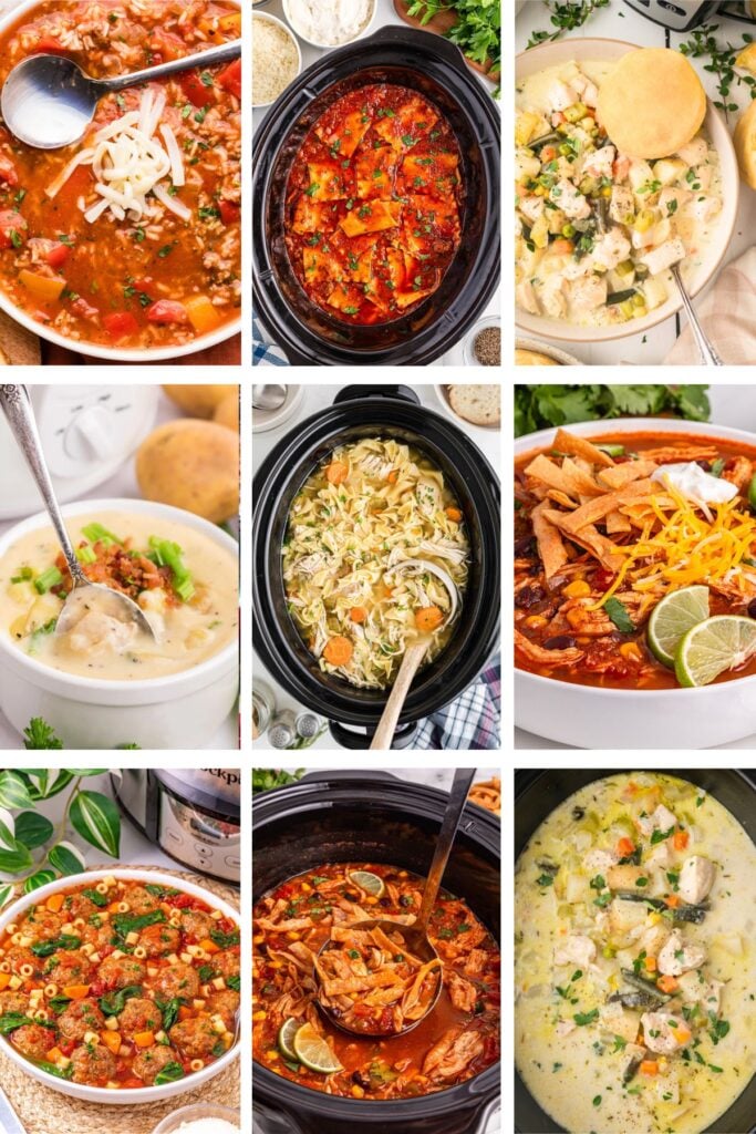 Photo collage with crockpot soup recipes for a summer dinner.