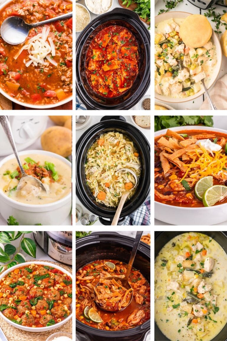 Photo collage with crockpot soup recipes for a summer dinner.
