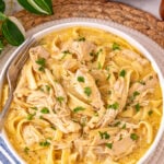 Crockpot chicken and noodles in white bowl.