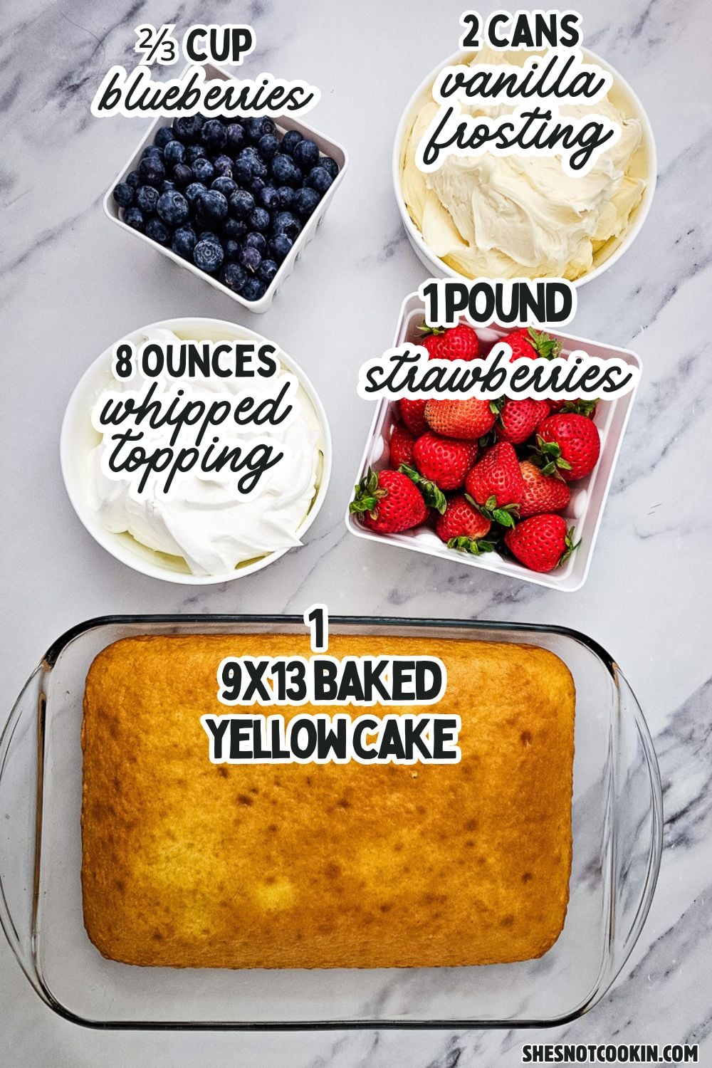 Labelled ingredients for flag cake recipe laid out in containers on kitchen counter.