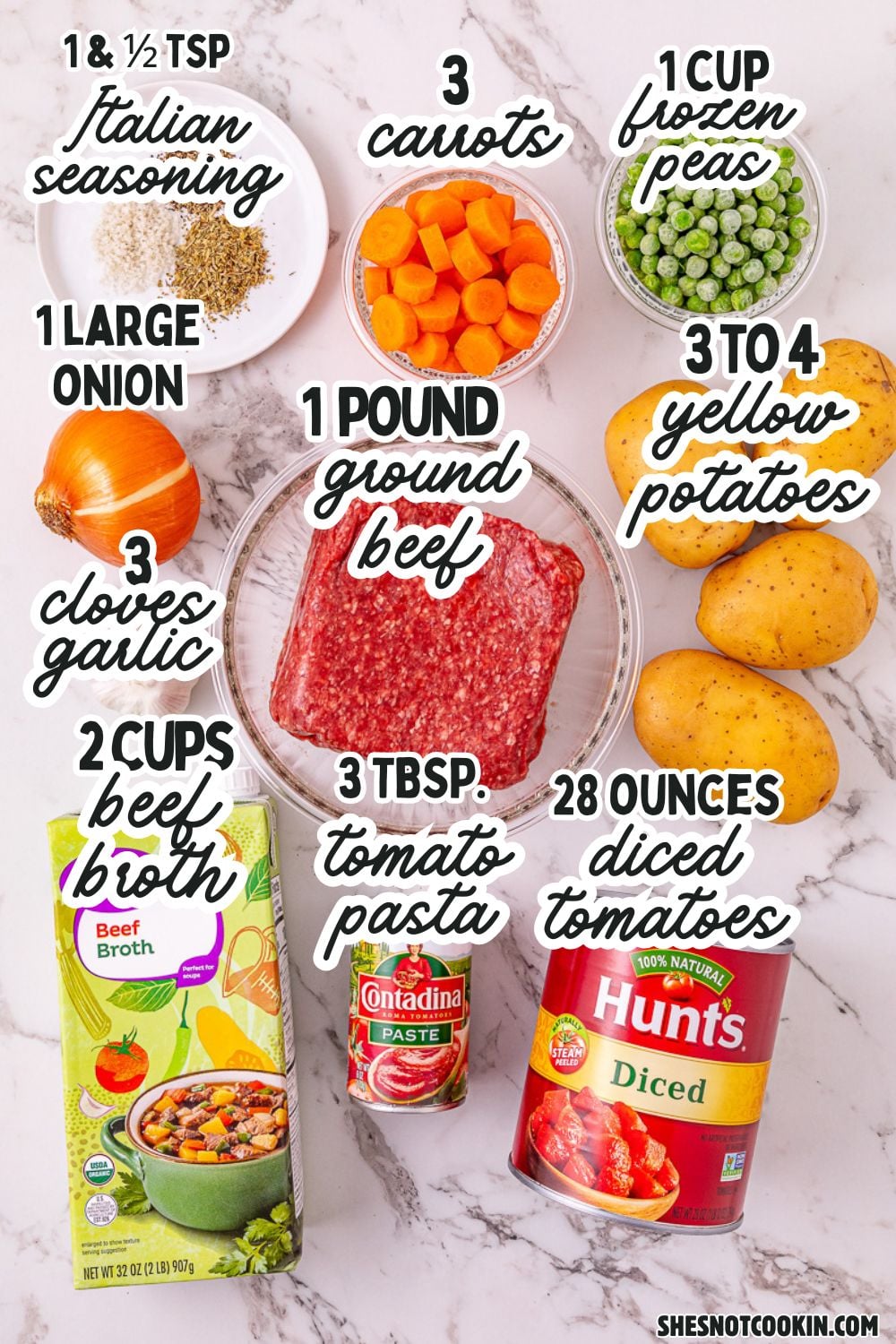 Ingredients with text overlay on kitchen counter.