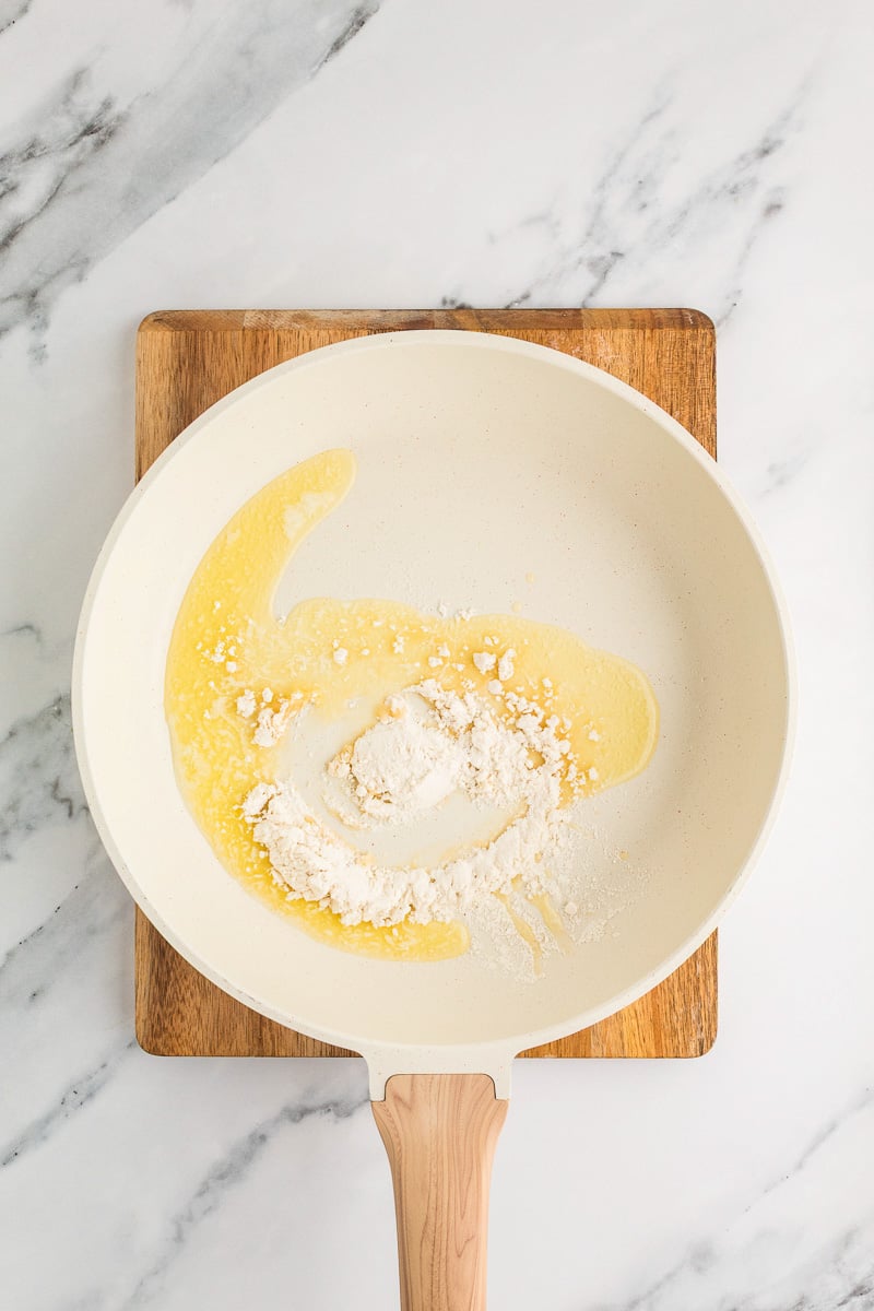 Melted butter and flower in skillet.