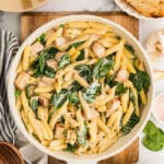 Boursin chicken pasta in skillet.