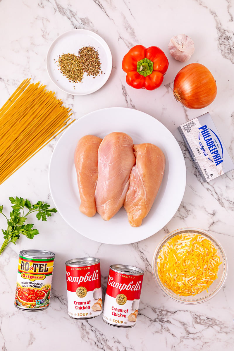 Ingredients for slow cooker chicken spaghetti laid out on kitchen counter in preparation for the recipe.