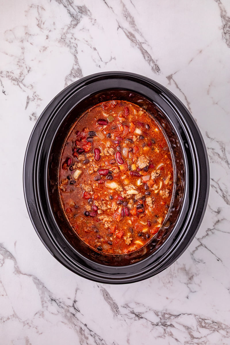 Mixed ingredients in crockpot.
